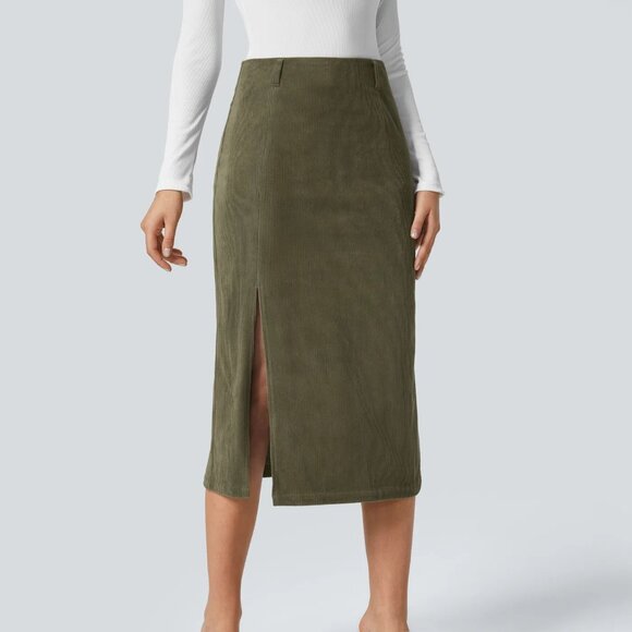 HALARA Dresses & Skirts - Halara High Waisted Invisible Zipper Split Hem Midi Corduroy Casual Skirt XL
